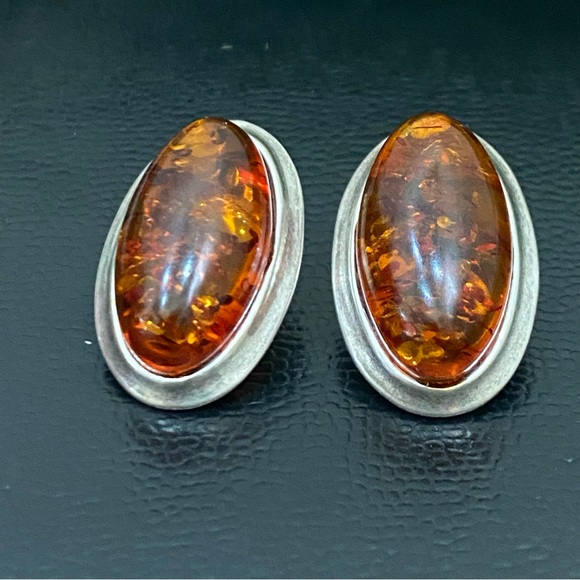 Vintage Sterling Silver Handcrafted Cabochon Oval Baltic Amber Earrings 7.4g - Picture 4 of 15